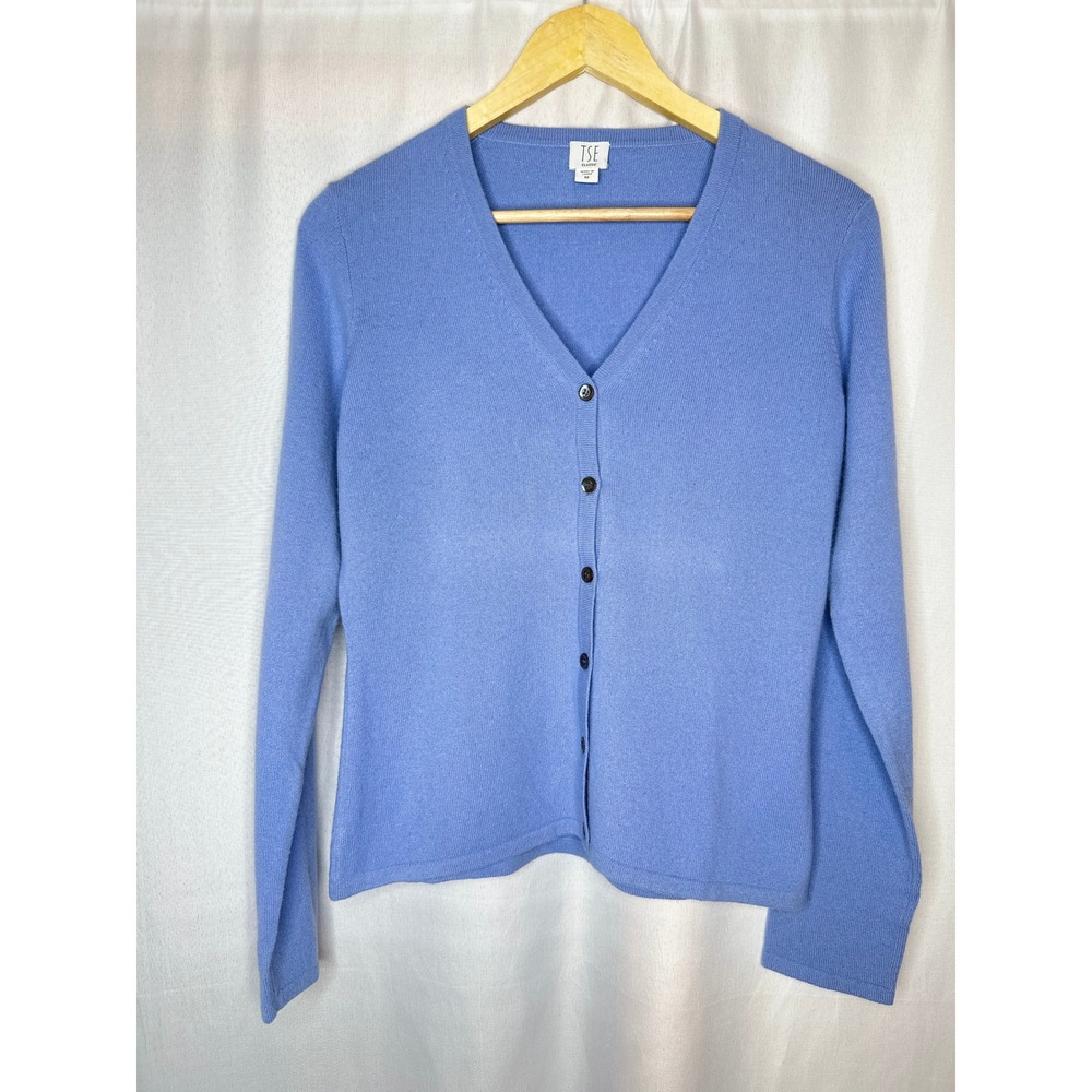 TSE Classic Blue V-neck Cashmere Cardigan MEDIUM Preppy Minimalist Twee